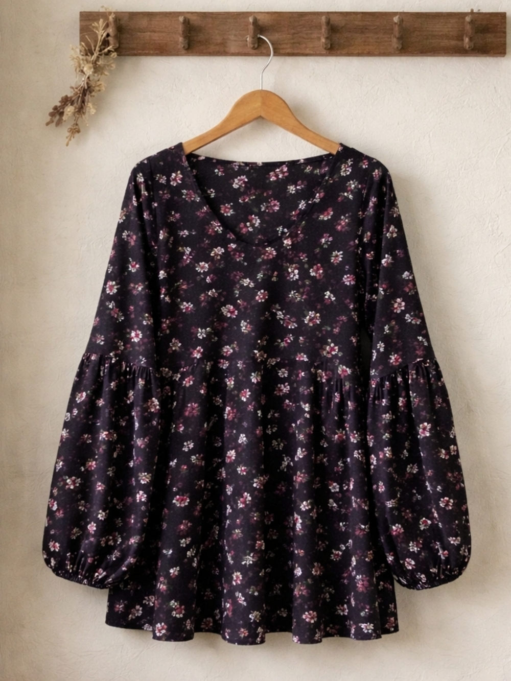 Lane Bryant Black Floral Top with Pink, White & Purple Flowers